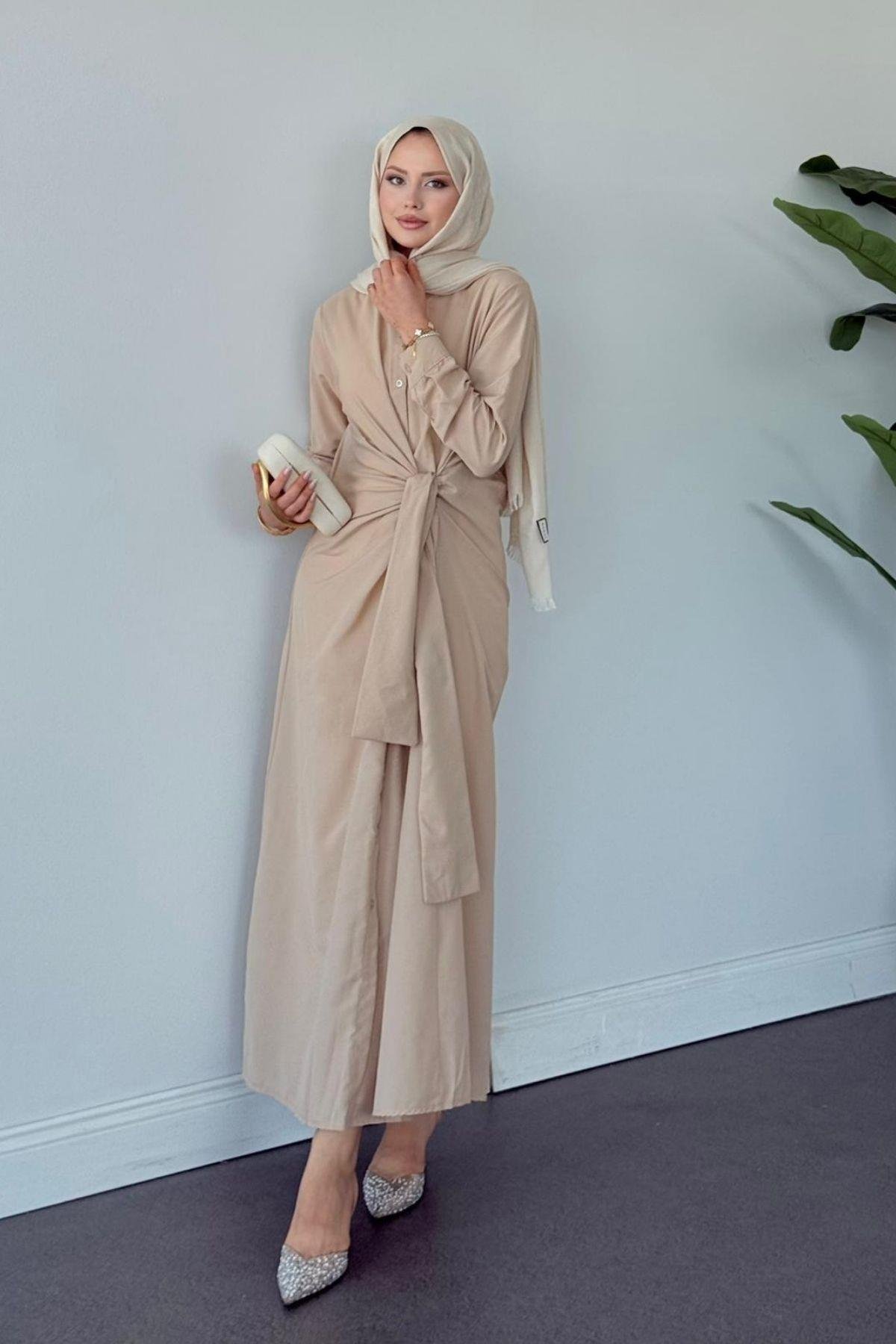 Happy Bağlamalı Elbise BEJ, Fiyatları Happy Bağlamalı Elbise Bej- Haza Moda