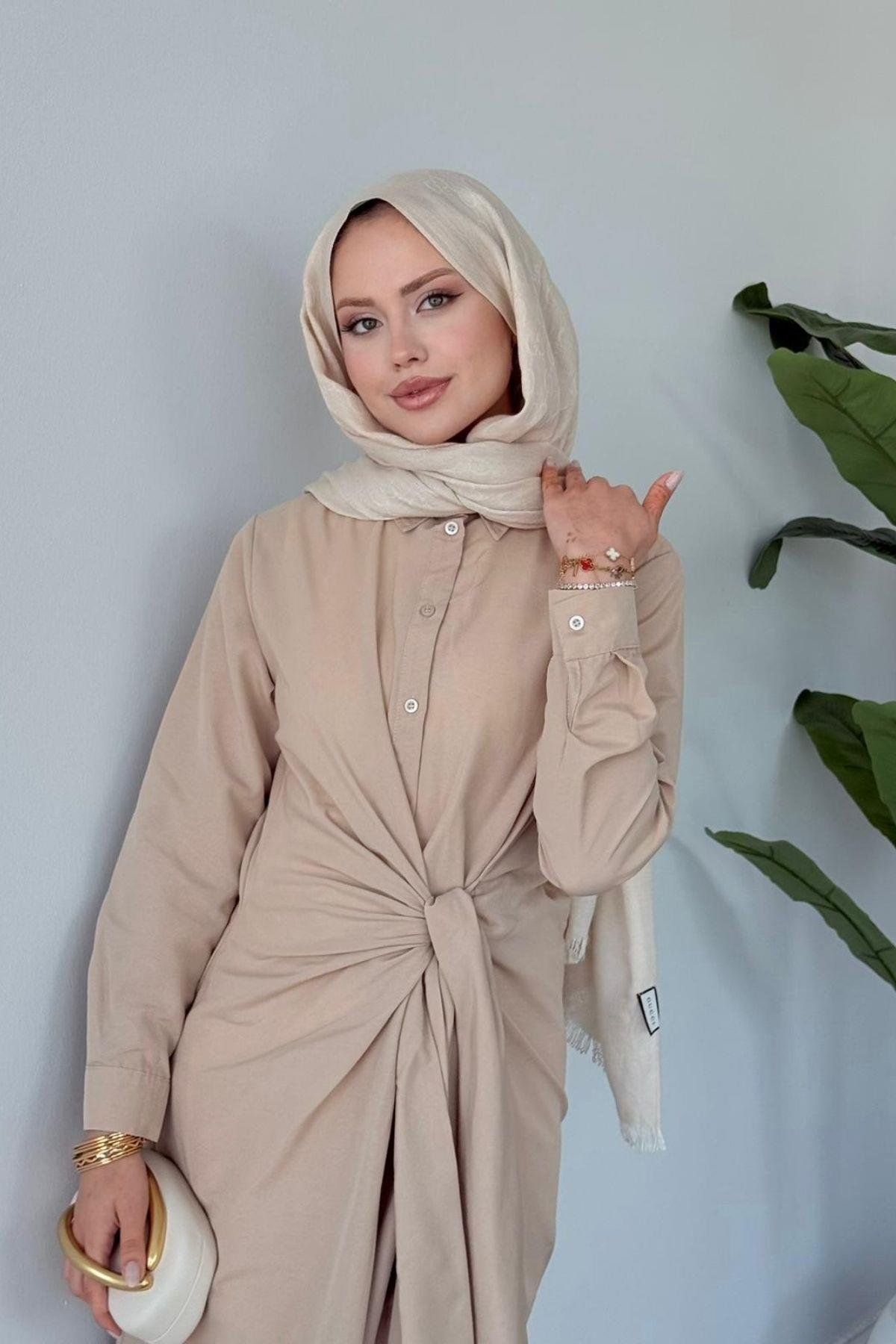 Happy Bağlamalı Elbise BEJ, Fiyatları Happy Bağlamalı Elbise Bej- Haza Moda