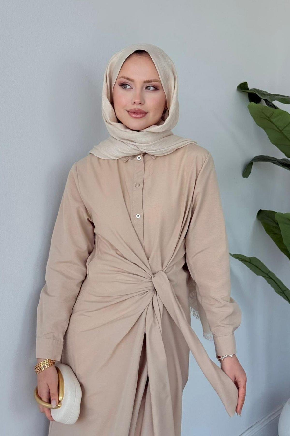 Happy Bağlamalı Elbise BEJ, Fiyatları Happy Bağlamalı Elbise Bej- Haza Moda