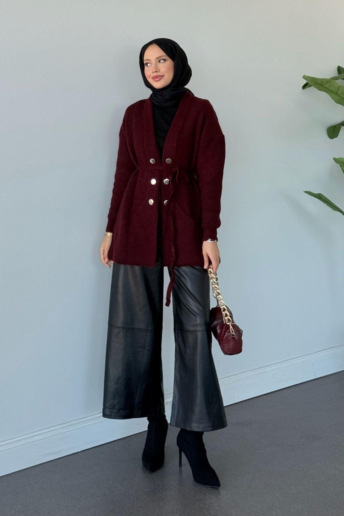 Harem Düğmeli Hırka Bordo, Fiyatları Harem Düğmeli Hırka Bordo Haza Moda 