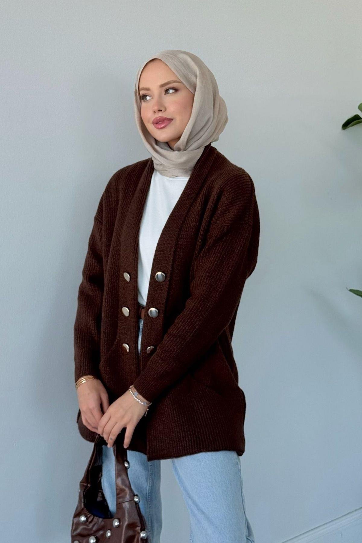 Harem Düğmeli Hırka Kahverengi, Fiyatları Harem Düğmeli Hırka Kahverengi Haza Moda 