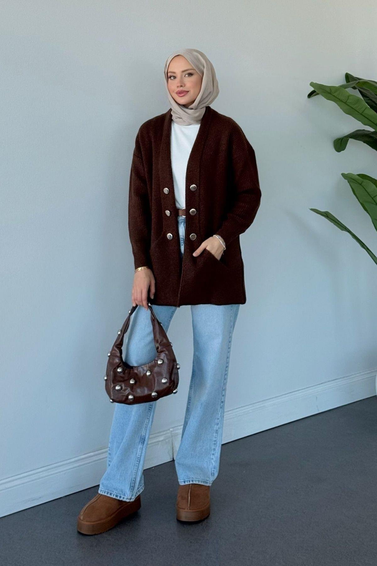 Harem Düğmeli Hırka Kahverengi, Fiyatları Harem Düğmeli Hırka Kahverengi Haza Moda 