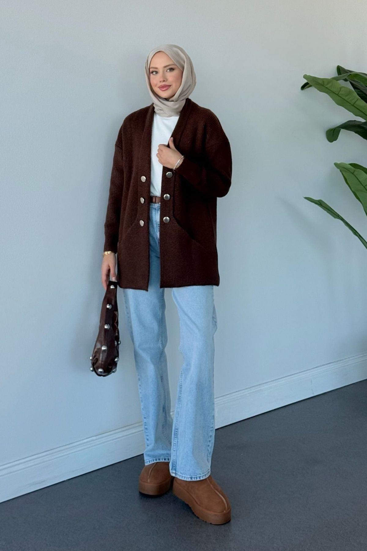 Harem Düğmeli Hırka Kahverengi, Fiyatları Harem Düğmeli Hırka Kahverengi Haza Moda 