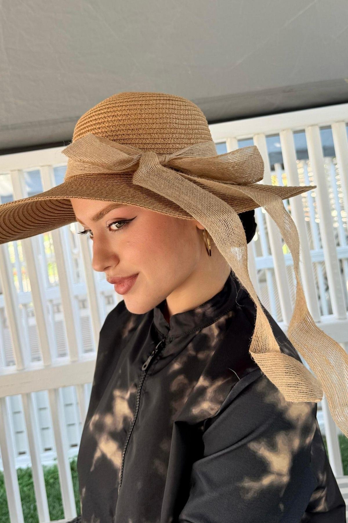 Hasır Şapka Fiyonklu Camel, Fiyatları Hasır Şapka Fiyonklu Camel- Haza Moda 