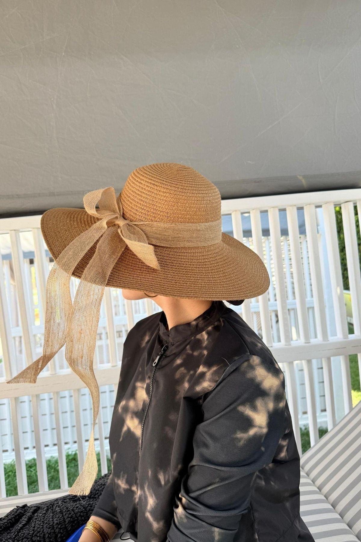 Hasır Şapka Fiyonklu Camel, Fiyatları Hasır Şapka Fiyonklu Camel- Haza Moda 