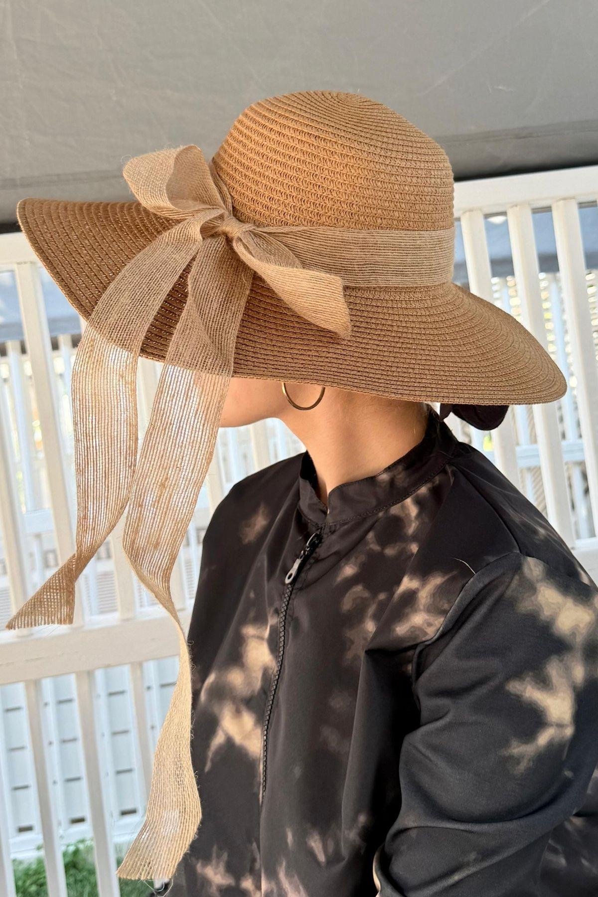 Hasır Şapka Fiyonklu Camel, Fiyatları Hasır Şapka Fiyonklu Camel- Haza Moda 