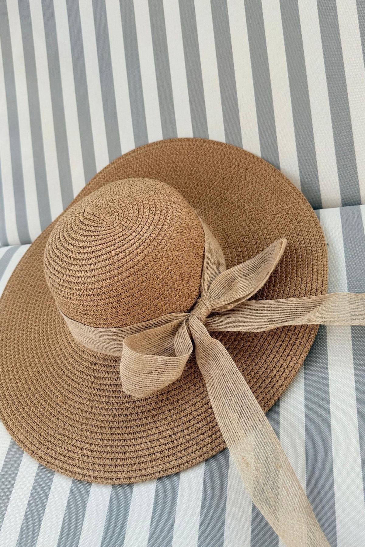 Hasır Şapka Fiyonklu Camel, Fiyatları Hasır Şapka Fiyonklu Camel- Haza Moda 