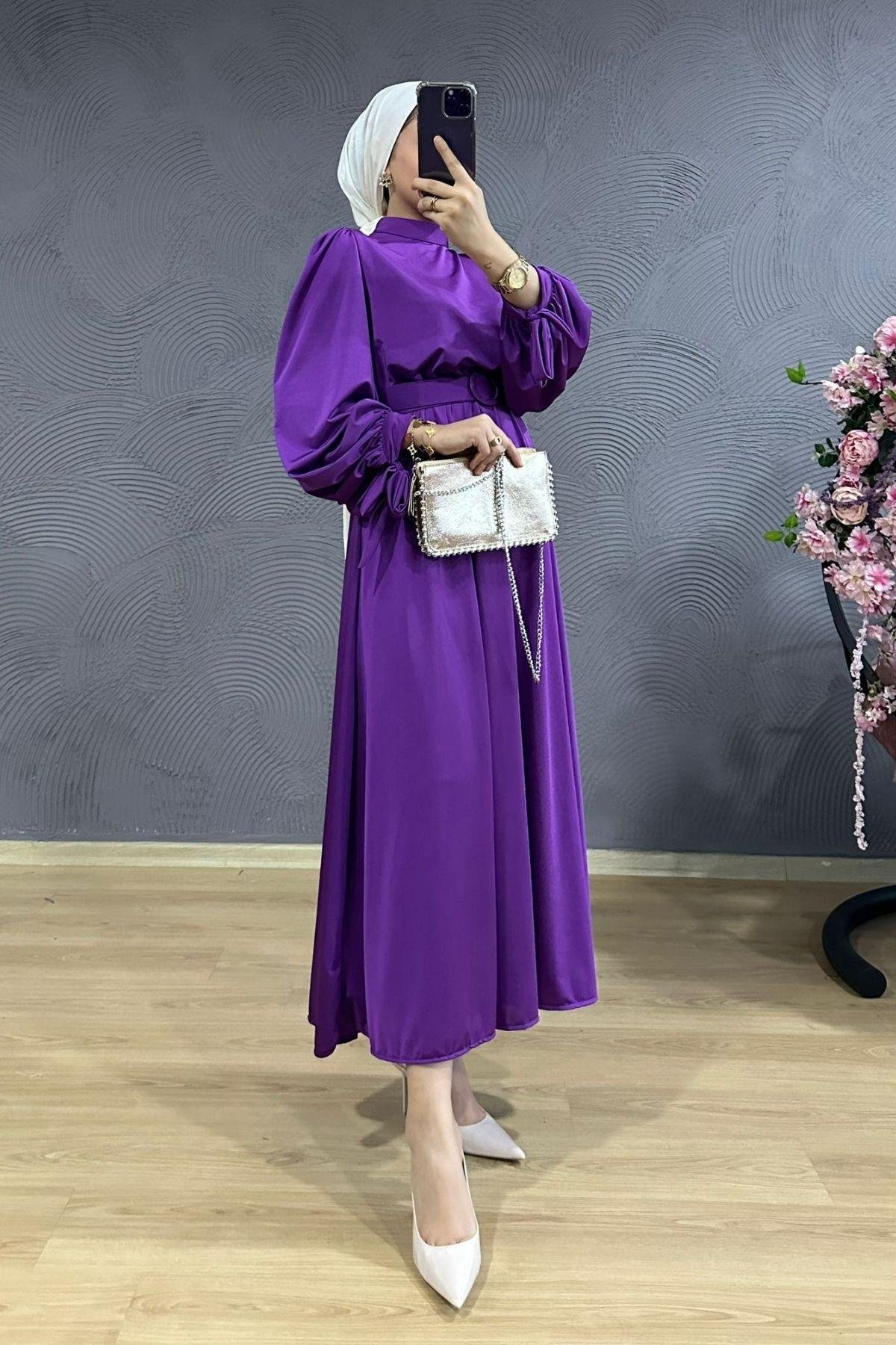 Havin Kemerli Elbise Mor, Fiyatları Havin Kemerli Elbise Mor – Haza Moda | Tesettür Giyim
