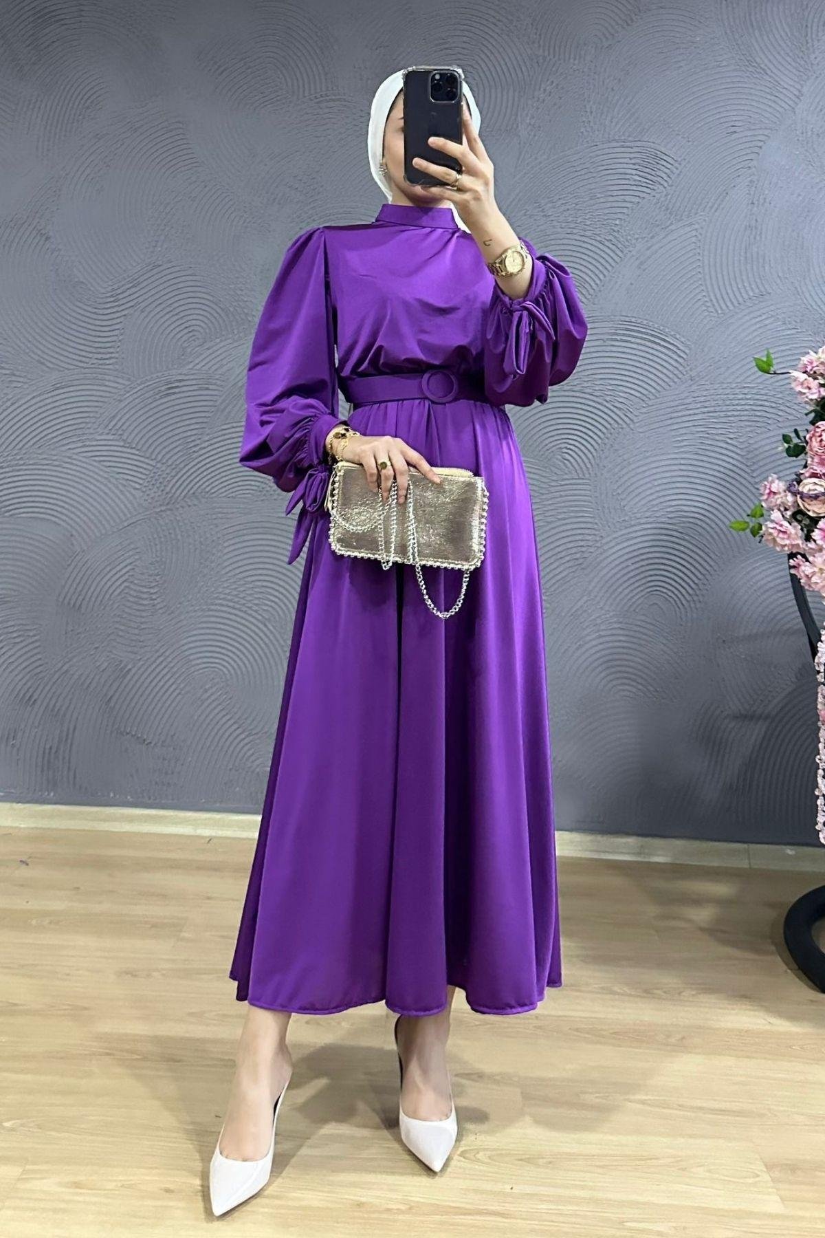 Havin Kemerli Elbise Mor, Fiyatları Havin Kemerli Elbise Mor – Haza Moda | Tesettür Giyim