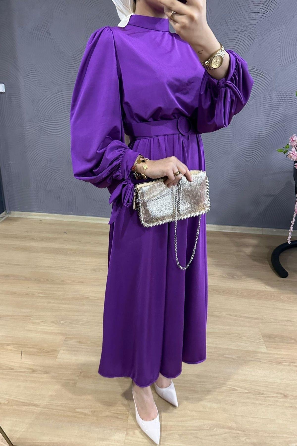 Havin Kemerli Elbise Mor, Fiyatları Havin Kemerli Elbise Mor – Haza Moda | Tesettür Giyim