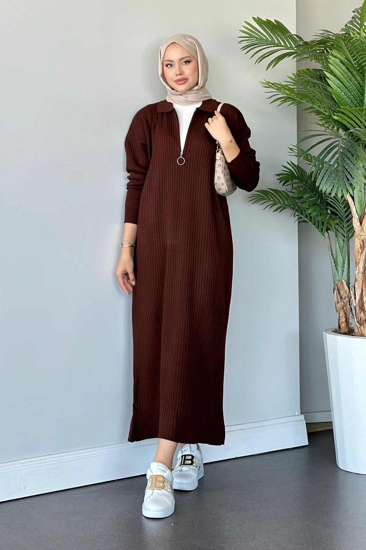 Hilal Fermuarlı Triko Elbise Acıkahve, Fiyatları 