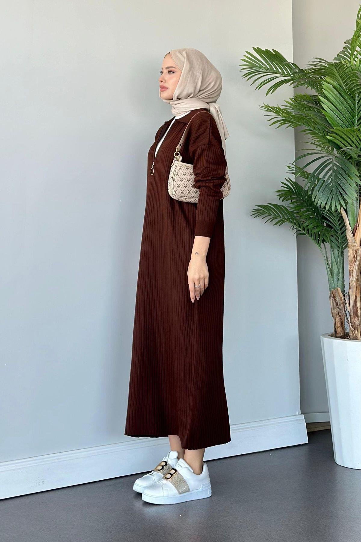 Hilal Fermuarlı Triko Elbise Acıkahve, Fiyatları 