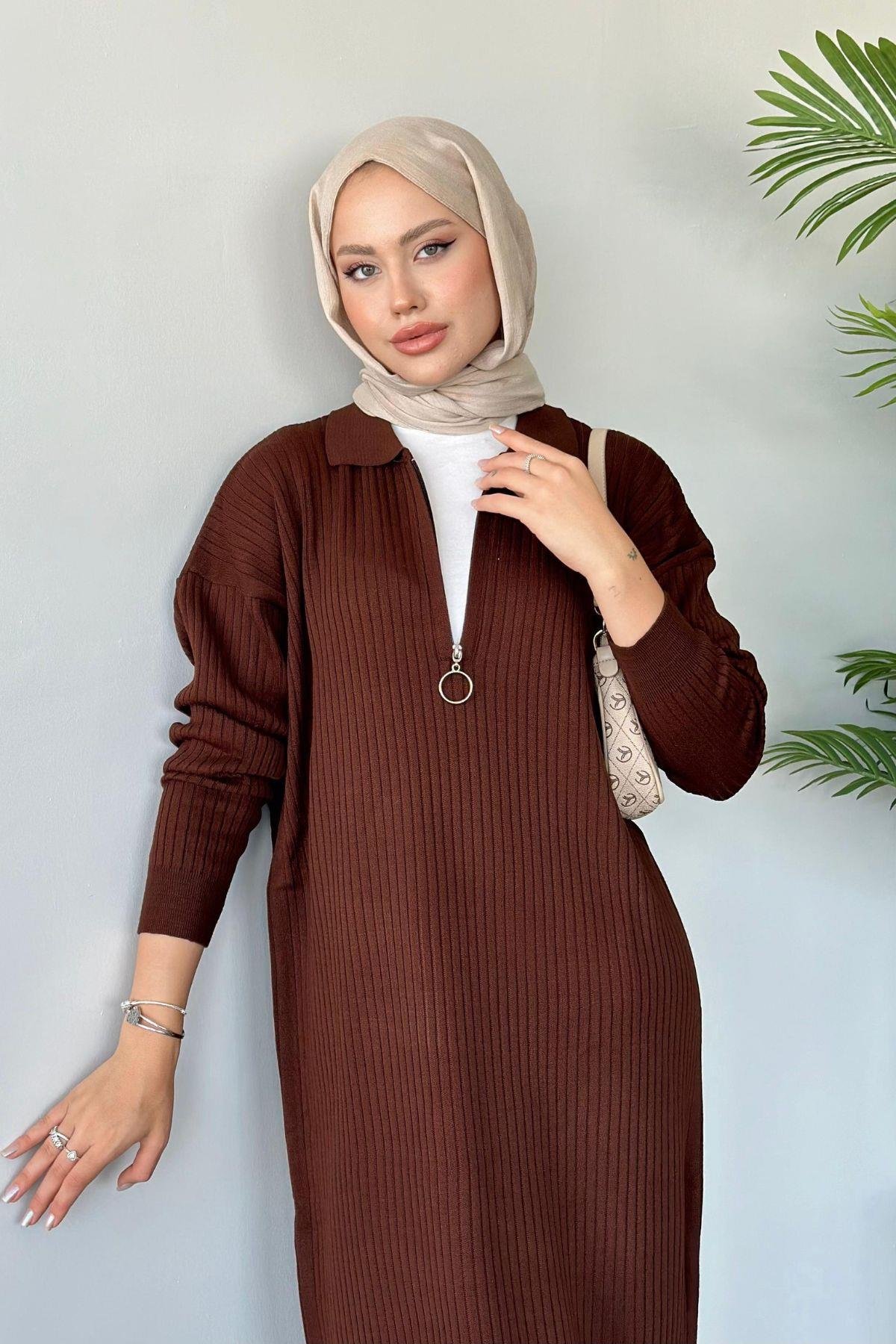 Hilal Fermuarlı Triko Elbise Acıkahve, Fiyatları 