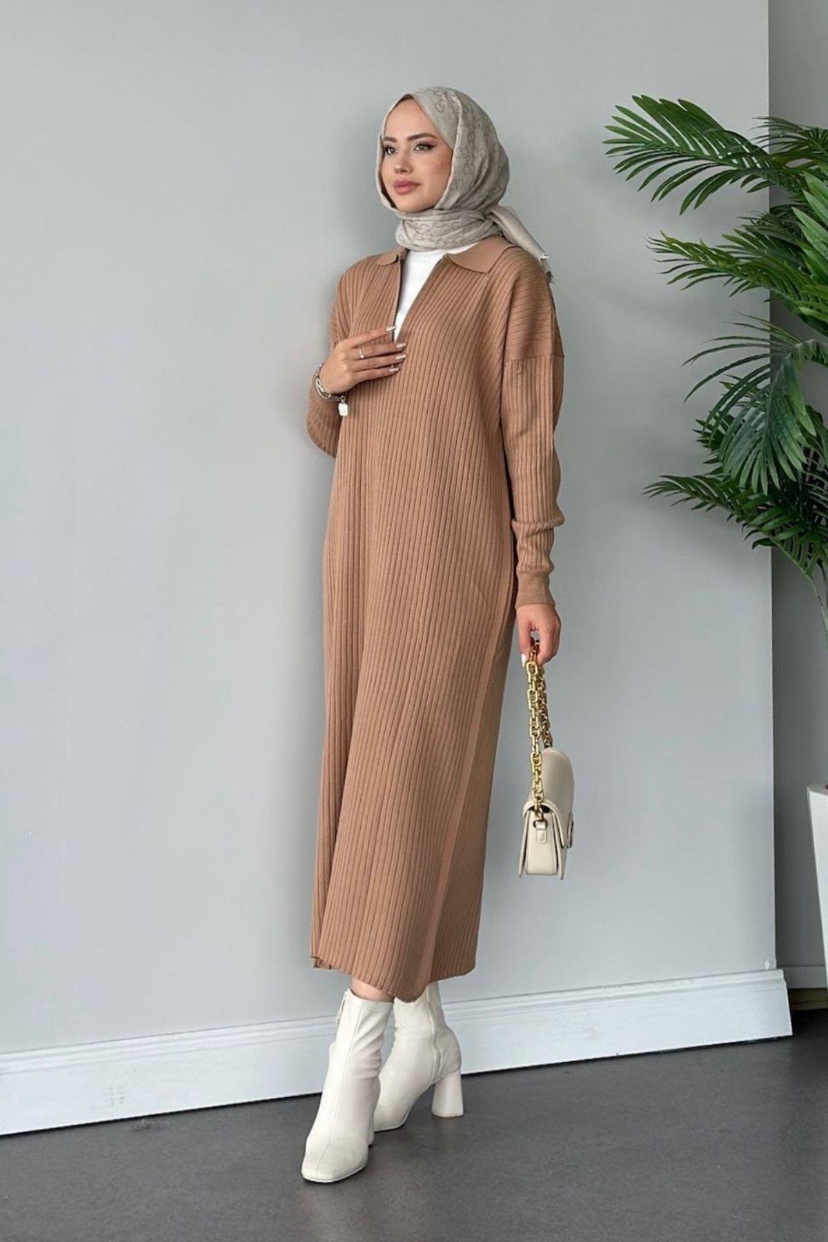 Hilal Fermuarlı Triko Elbise Camel, Fiyatları 