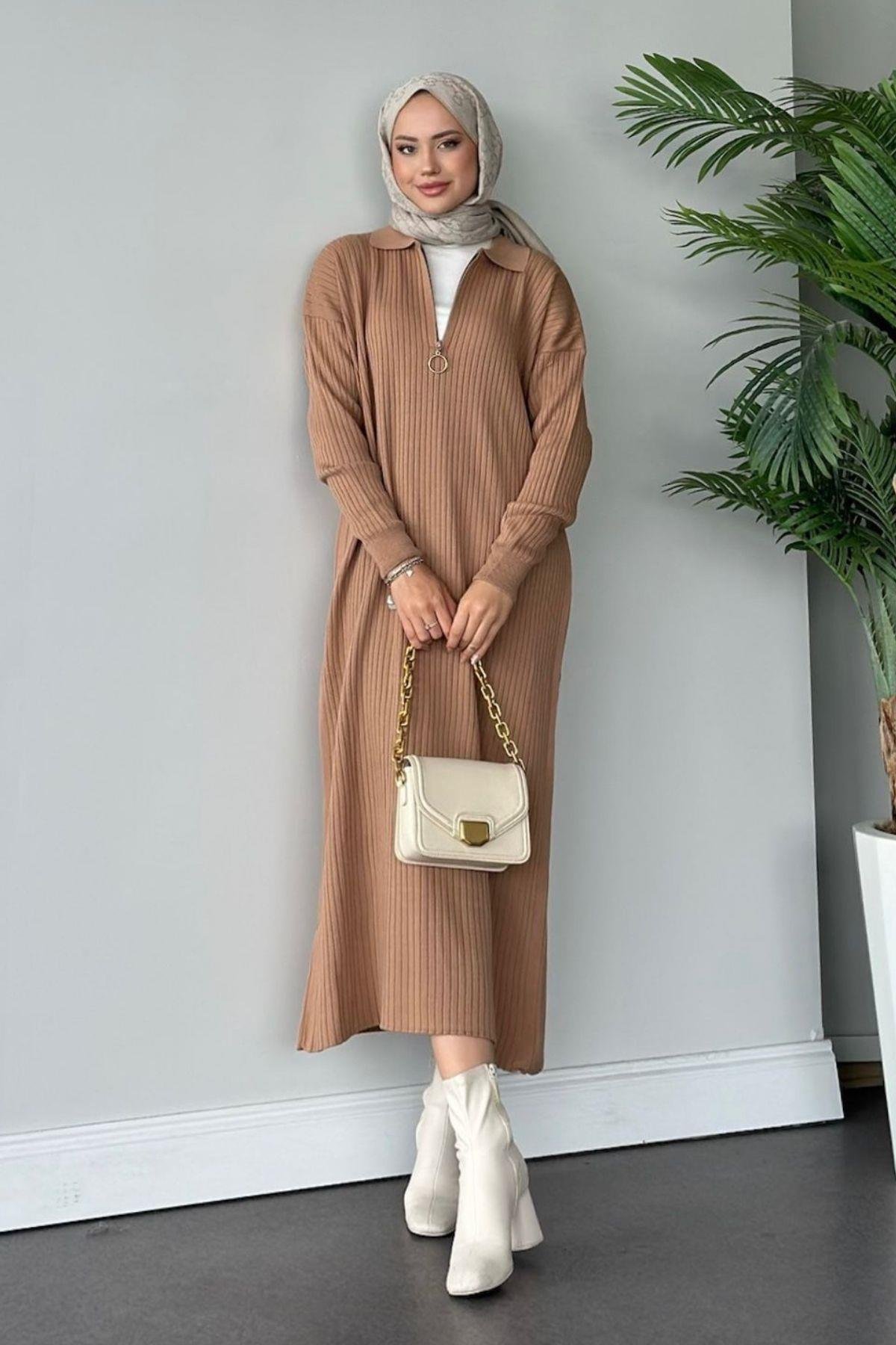 Hilal Fermuarlı Triko Elbise Camel, Fiyatları 