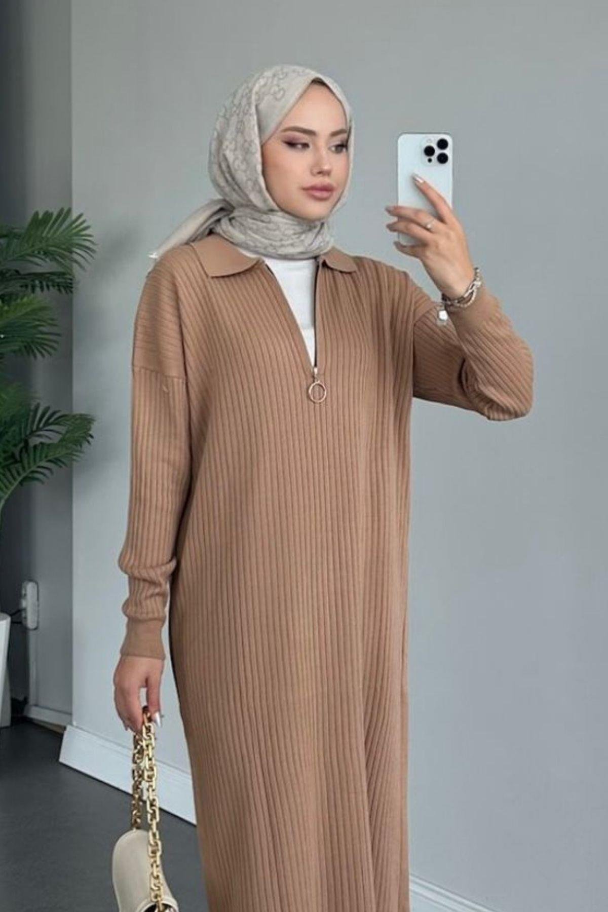 Hilal Fermuarlı Triko Elbise Camel, Fiyatları 