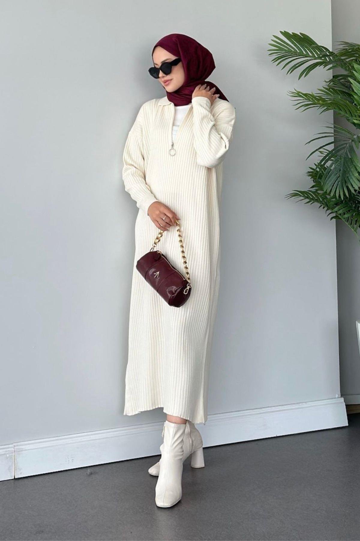 Hilal Fermuarlı Triko Elbise Ekru, Fiyatları 