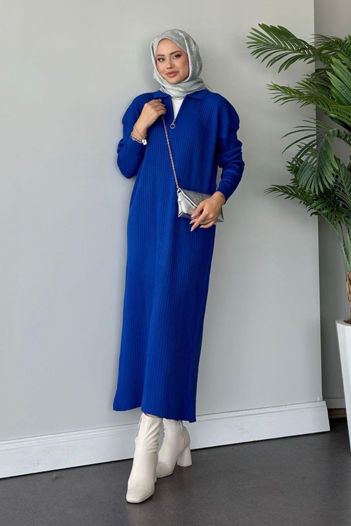 Hilal Fermuarlı Triko Elbise Saks, Fiyatları 