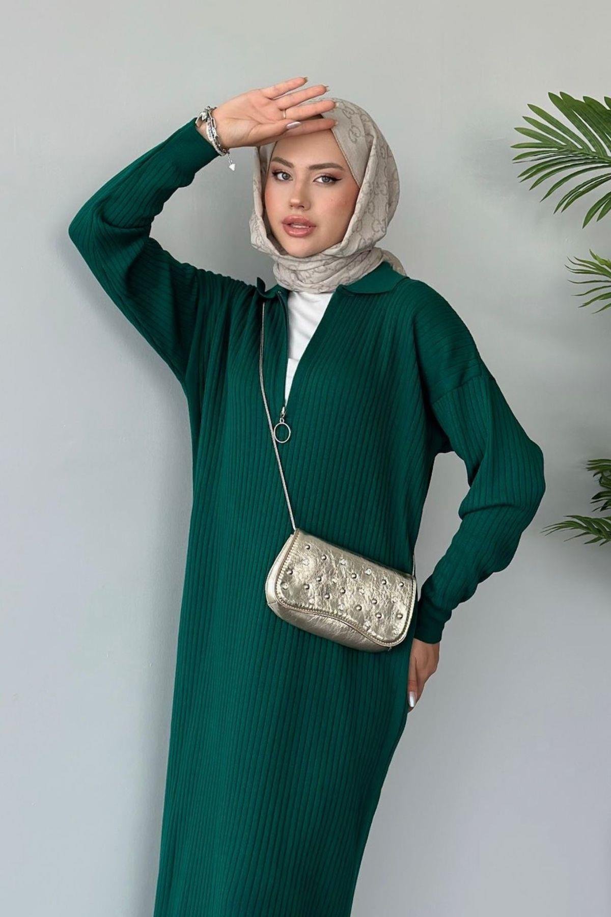 Hilal Fermuarlı Triko Elbise Zümrüt, Fiyatları 