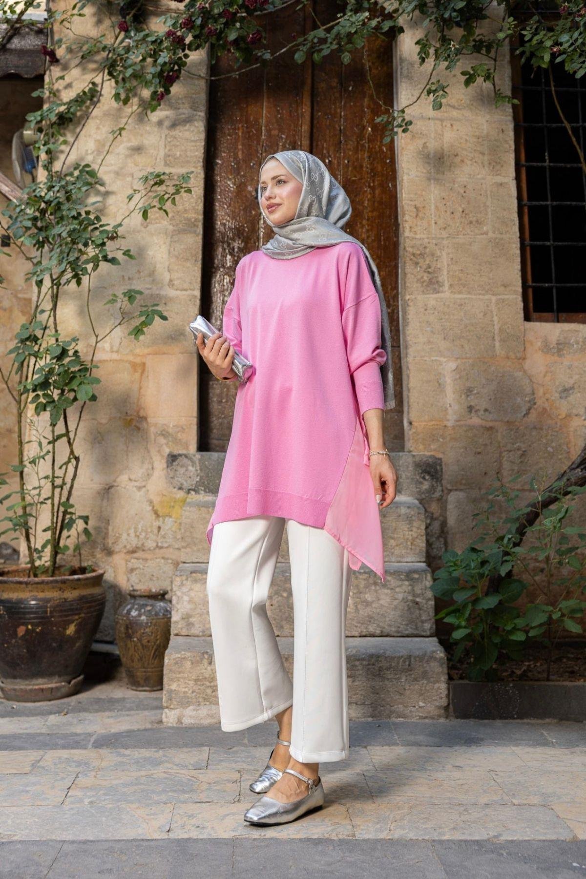 Hüda Şifon Detaylı Merserize Tunik Pembe, Fiyatları Hüda Şifon Detaylı Merserize Tunik Pembe Haza Moda 