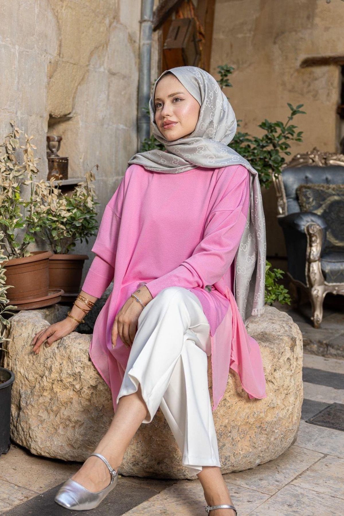Hüda Şifon Detaylı Merserize Tunik Pembe, Fiyatları Hüda Şifon Detaylı Merserize Tunik Pembe Haza Moda 