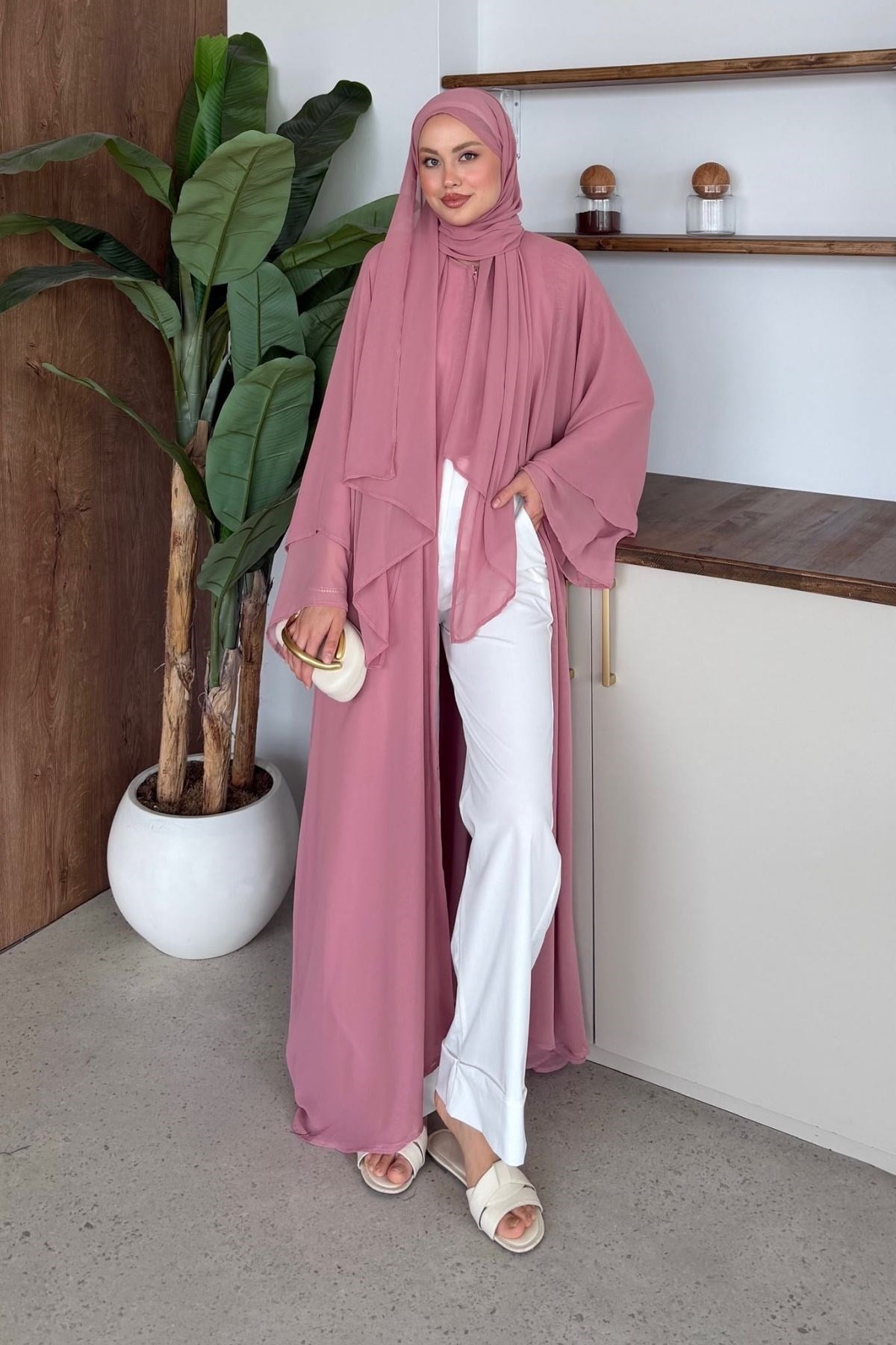 Hürrem Şallı Abaya Pudra, Fiyatları Hürrem Şallı Abaya Pudra | Haza Moda