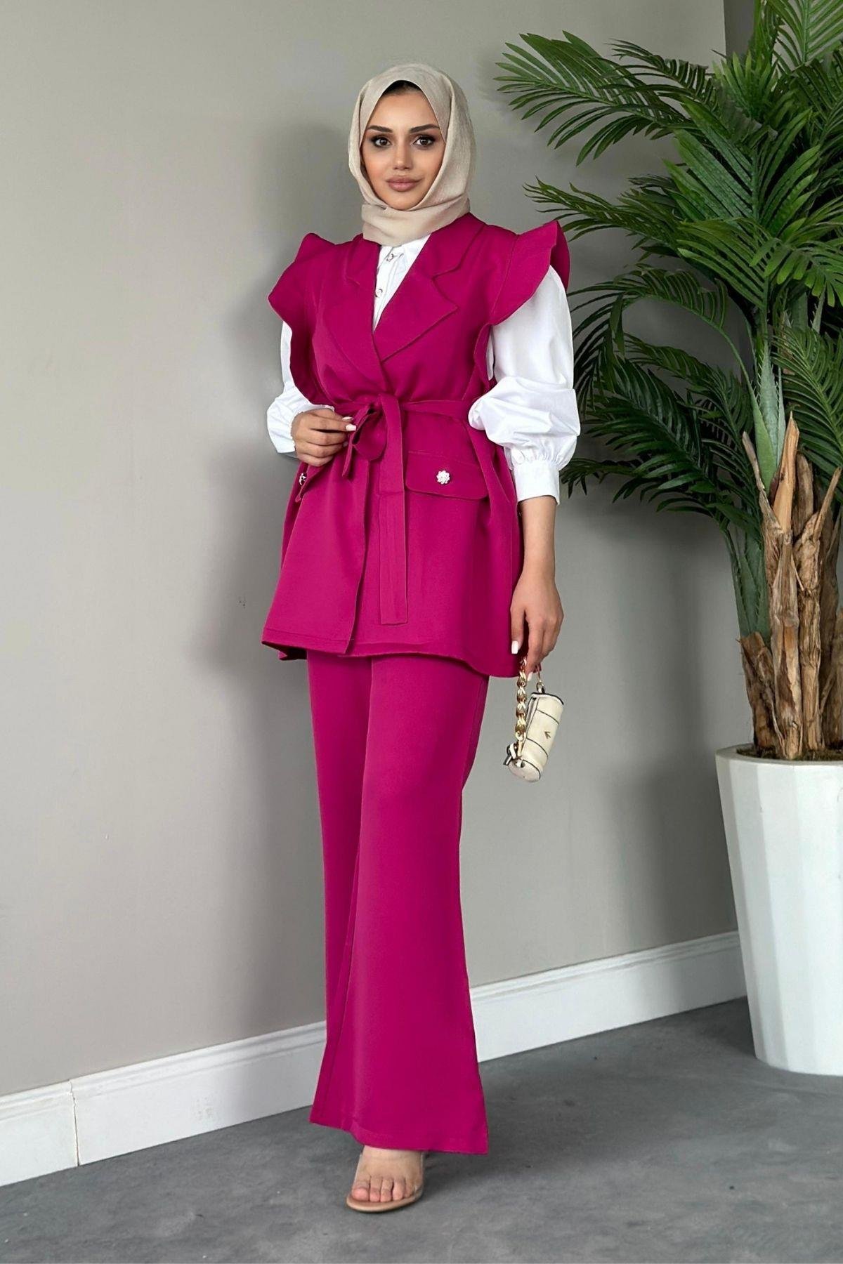 Hürrem Yelekli Takım Fuşya, Fiyatları Haza Moda | Tesettür Giyim | Hürrem Yelekli Takım Fuşya