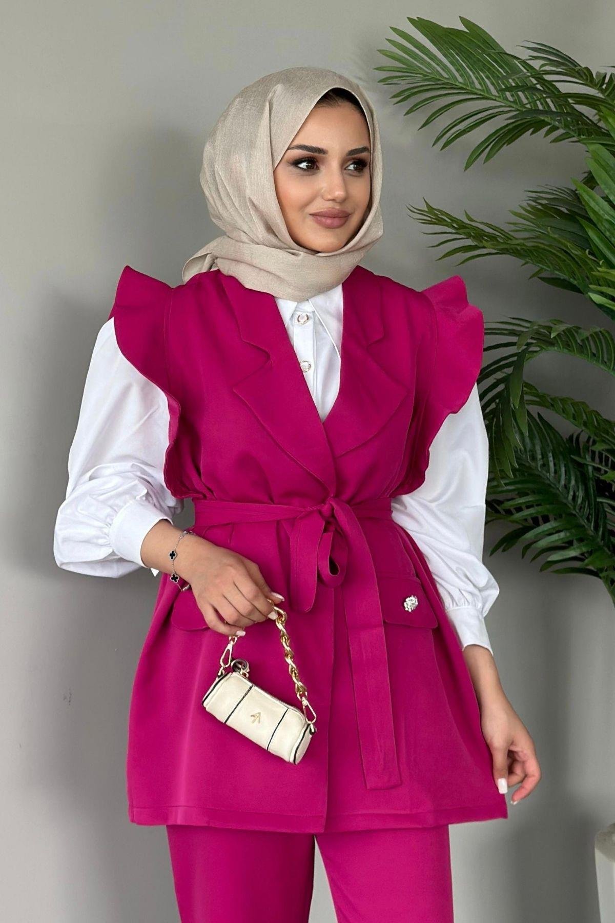 Hürrem Yelekli Takım Fuşya, Fiyatları Haza Moda | Tesettür Giyim | Hürrem Yelekli Takım Fuşya