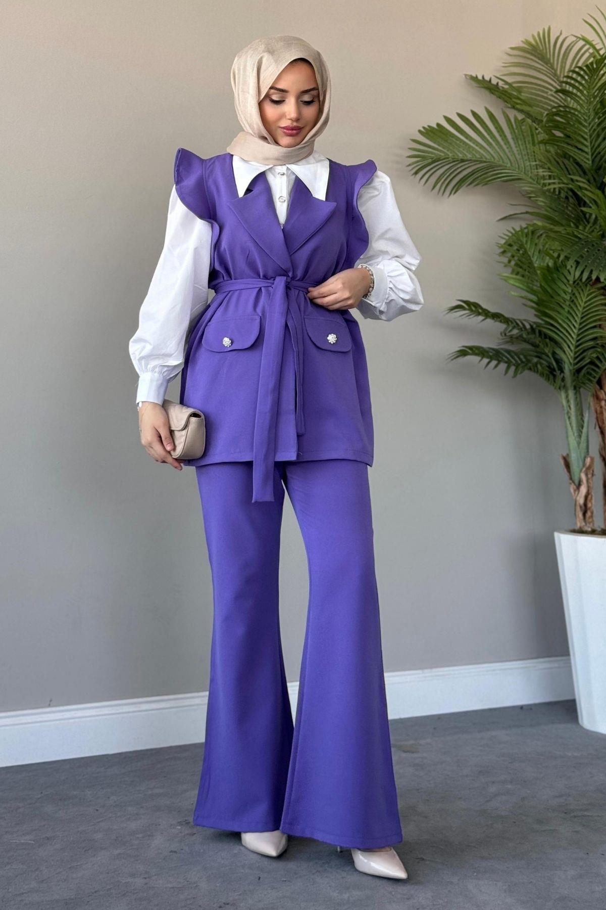 Hürrem Yelekli Takım Koyu Lila, Fiyatları Hürrem Yelekli Takım Koyu Lila– Haza Moda | Tesettür Giyim