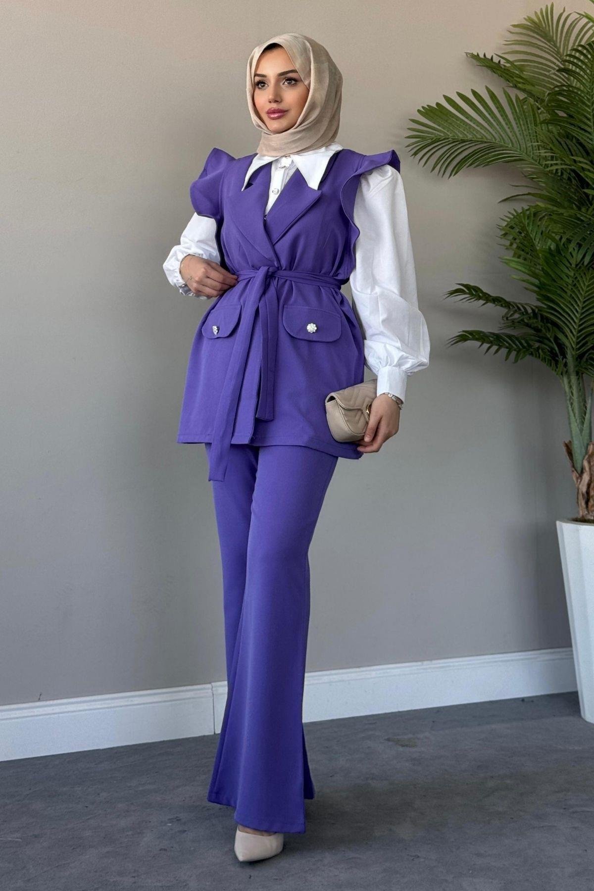 Hürrem Yelekli Takım Koyu Lila, Fiyatları Hürrem Yelekli Takım Koyu Lila– Haza Moda | Tesettür Giyim