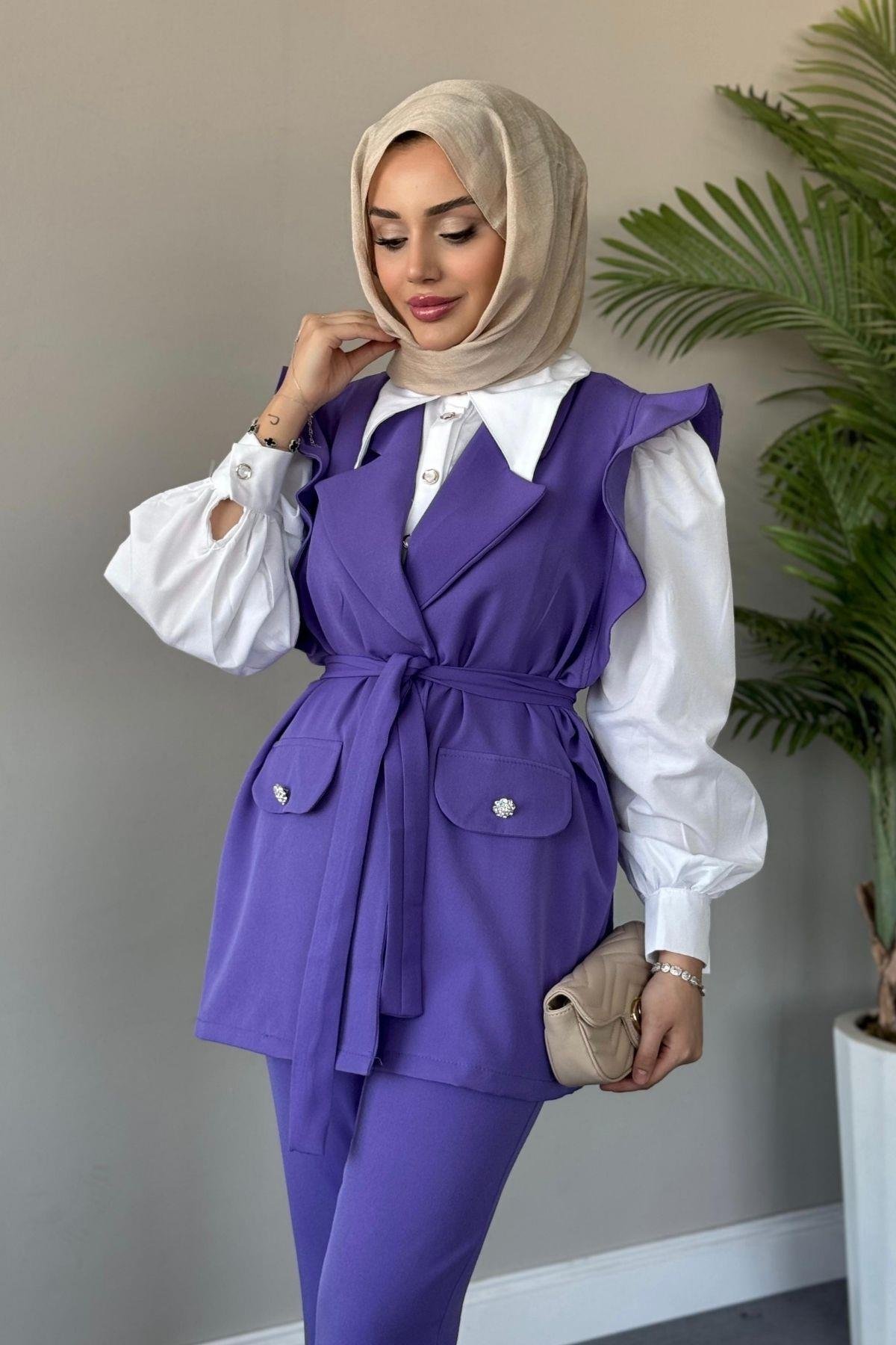 Hürrem Yelekli Takım Koyu Lila, Fiyatları Hürrem Yelekli Takım Koyu Lila– Haza Moda | Tesettür Giyim