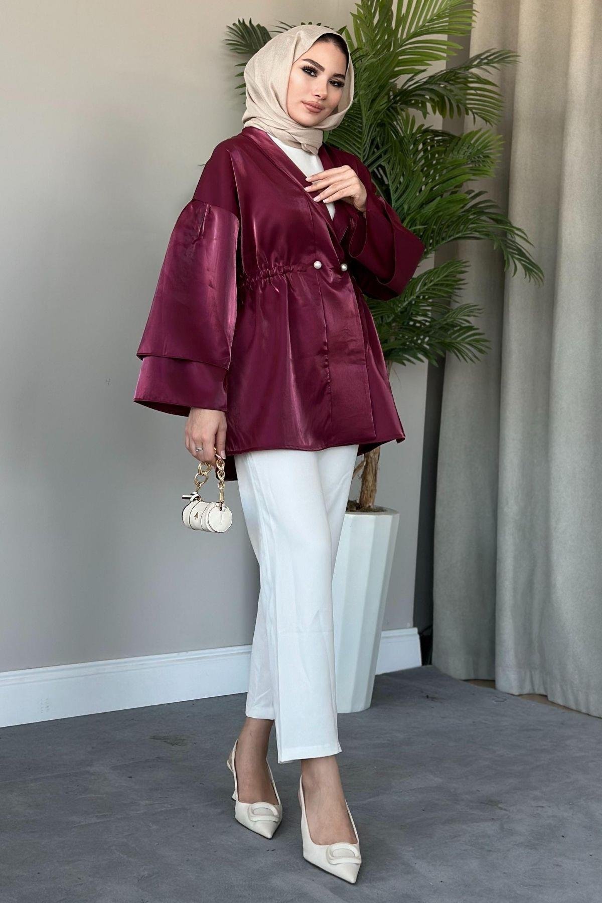 İğneli Tafta Ceket Bordo, Fiyatları Haza Moda | Tesettür Giyim | İğneli Tafta Ceket Bordo