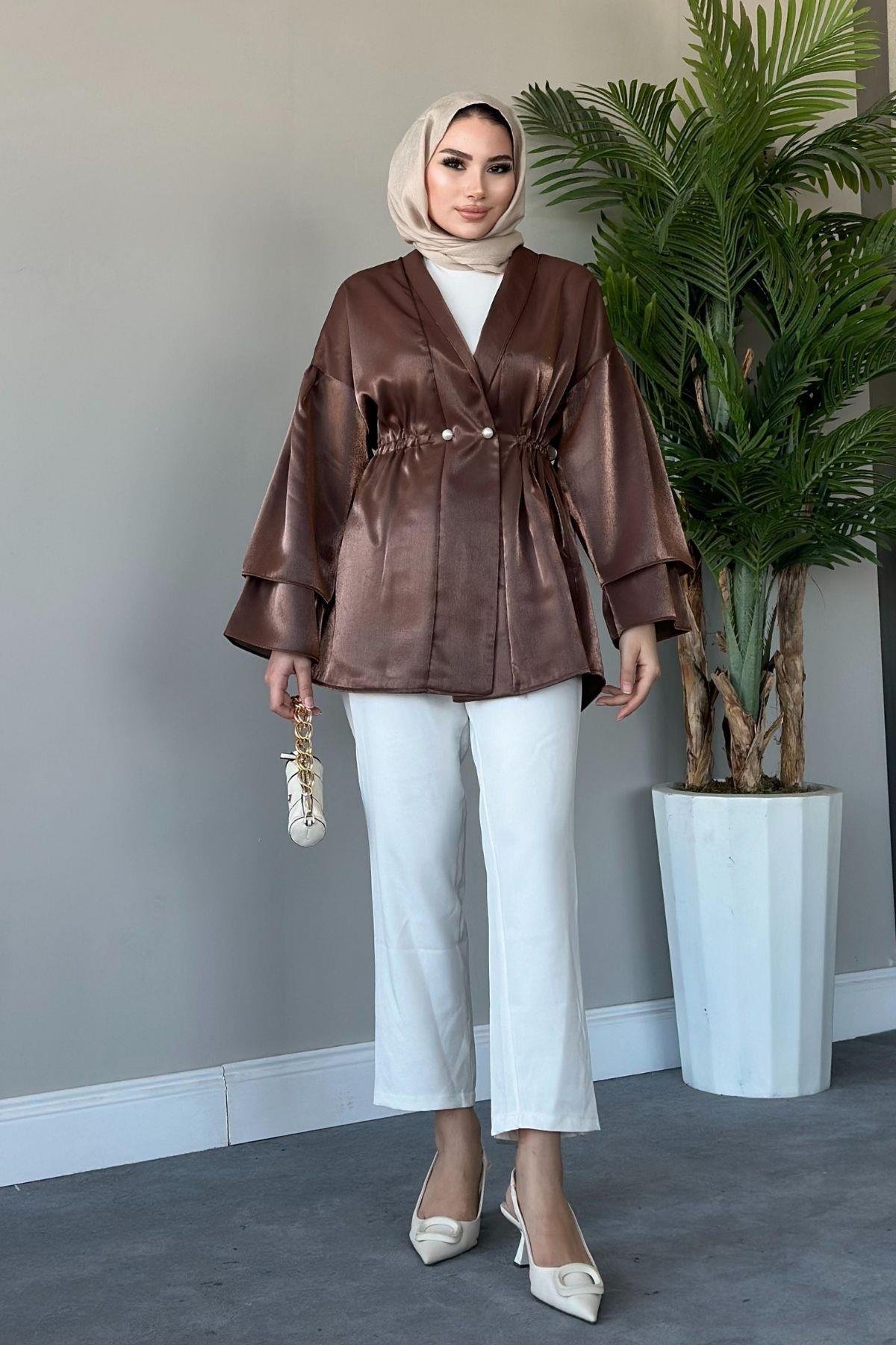 İğneli Tafta Ceket Kahve, Fiyatları Haza Moda | Tesettür Giyim | İğneli Tafta Ceket Kahve