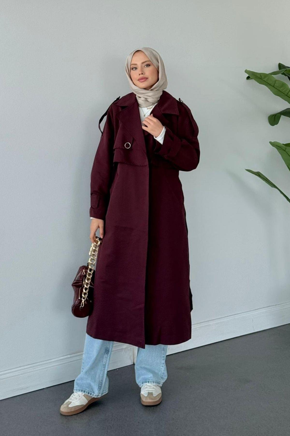 İkra Rüzgarlı Trençkot Mürdüm, Fiyatları İkra Rüzgarlı Trençkot Mürdüm- Haza Moda 