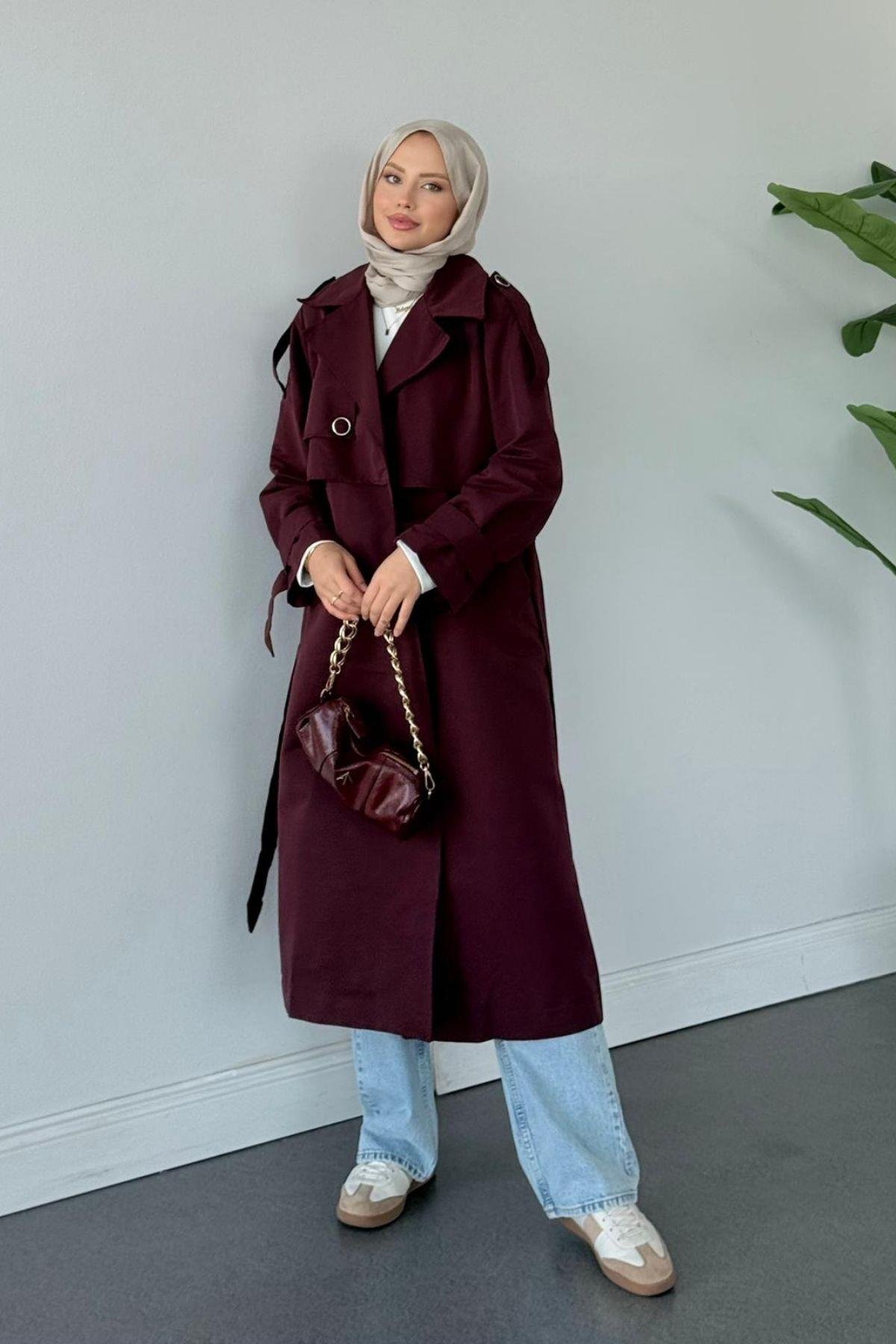 İkra Rüzgarlı Trençkot Mürdüm, Fiyatları İkra Rüzgarlı Trençkot Mürdüm- Haza Moda 