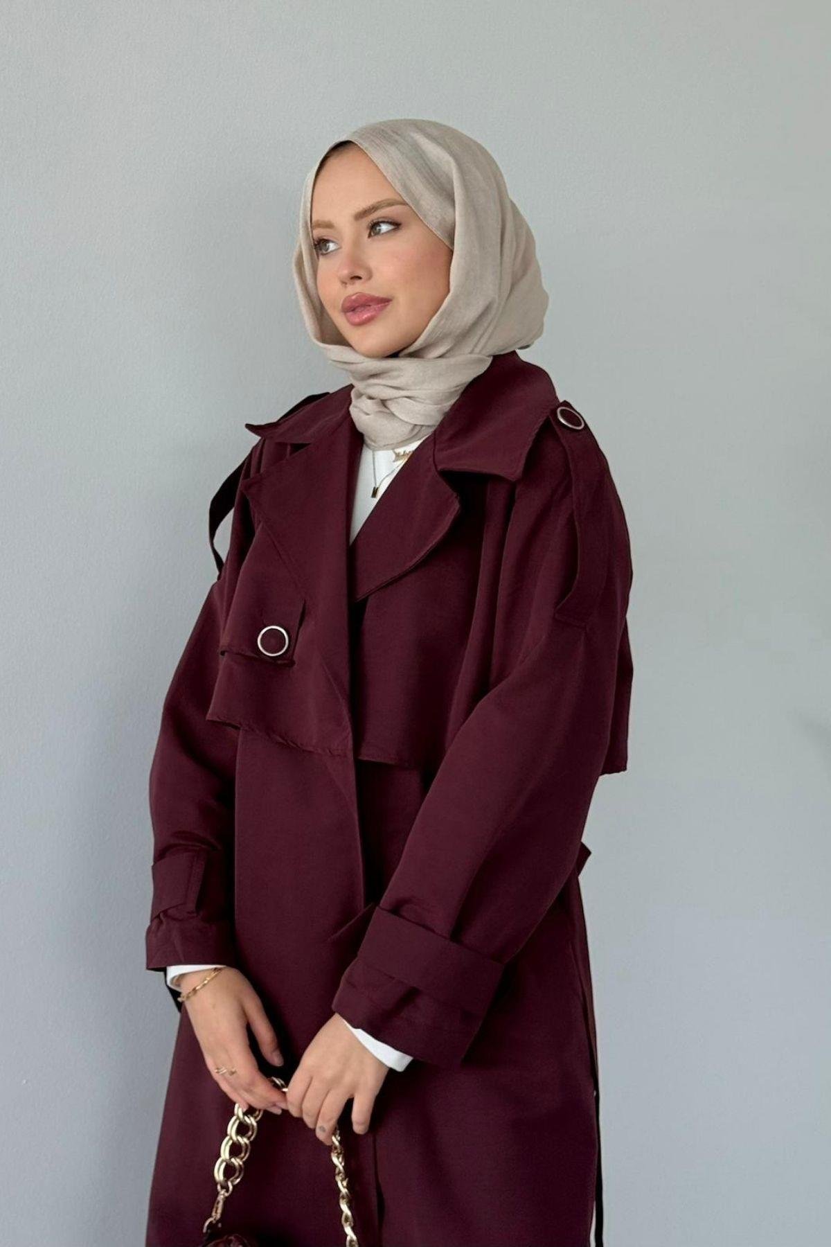 İkra Rüzgarlı Trençkot Mürdüm, Fiyatları İkra Rüzgarlı Trençkot Mürdüm- Haza Moda 