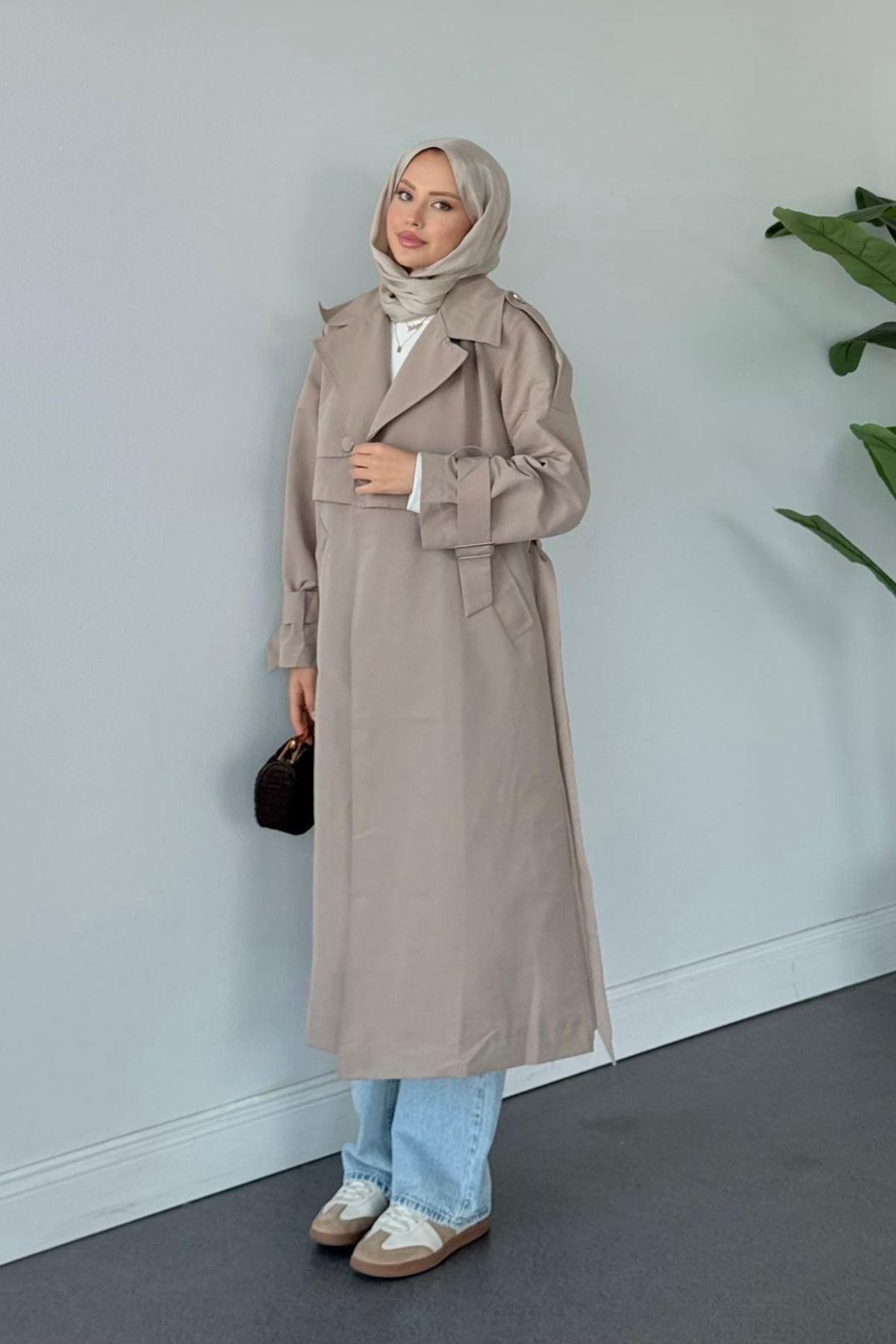 İkra Rüzgarlı Trençkot Vizon, Fiyatları İkra Rüzgarlı Trençkot Vizon- Haza Moda 