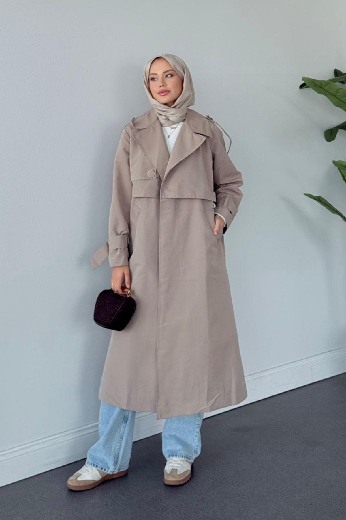 İkra Rüzgarlı Trençkot Vizon, Fiyatları İkra Rüzgarlı Trençkot Vizon- Haza Moda 