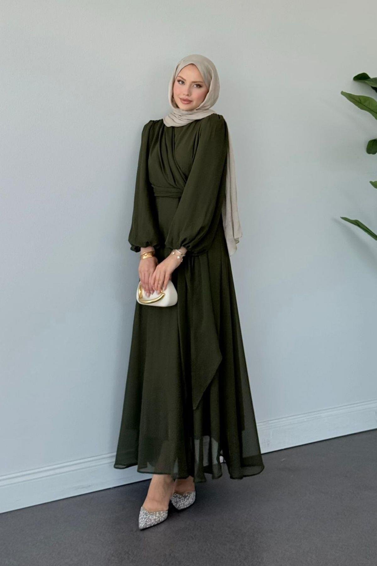 İlayda Şifon Elbise Haki, Fiyatları İlayda Şifon Elbise Haki- Haza Moda