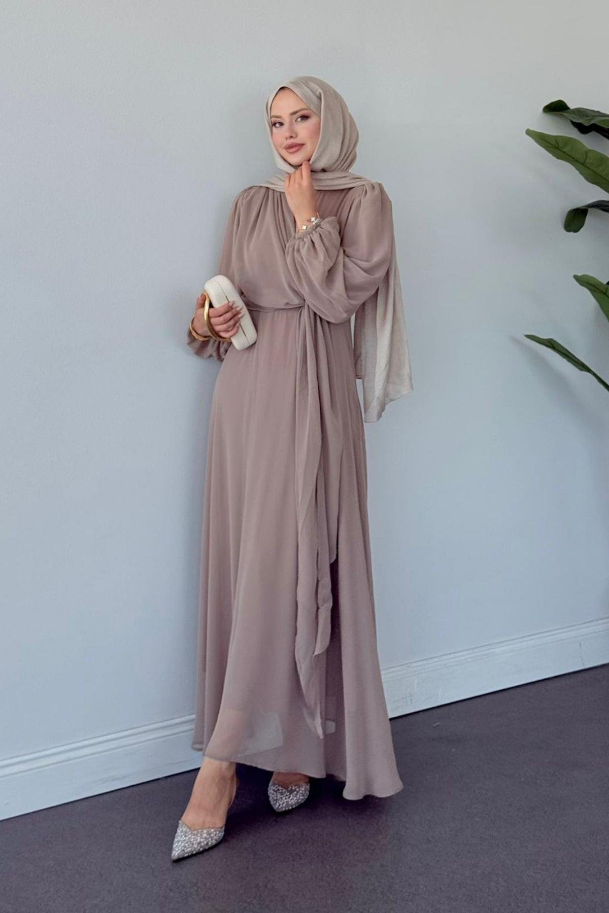 İlayda Şifon Elbise Vizon, Fiyatları İlayda Şifon Elbise Vizon- Haza Moda