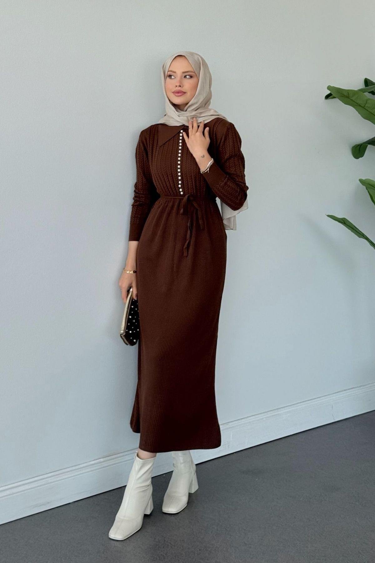 İlknur Örgü Desen Elbise Acıkahve, Fiyatları İlknur Örgü Desen Elbise Acıkahve- Haza Moda