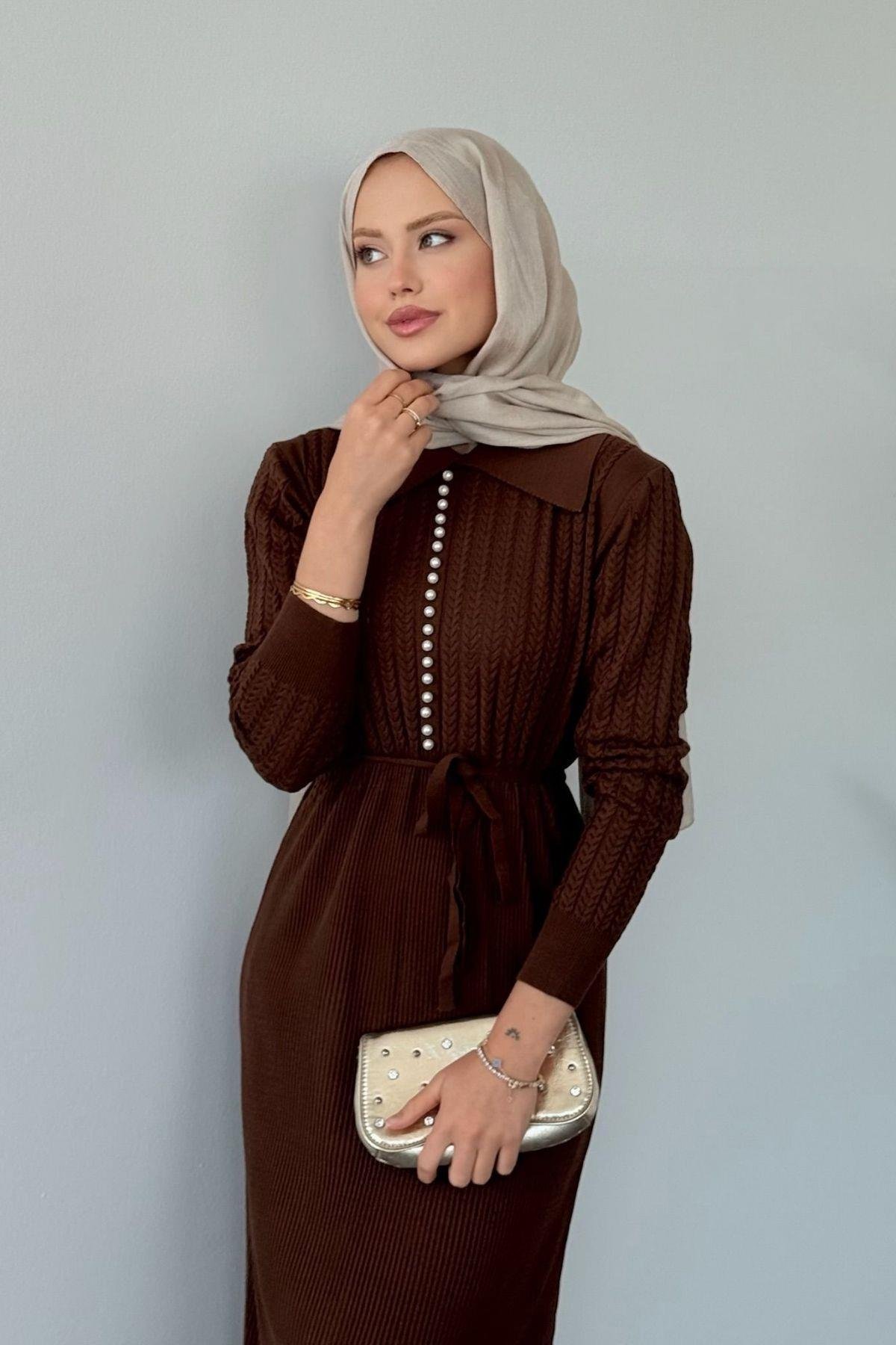 İlknur Örgü Desen Elbise Acıkahve, Fiyatları İlknur Örgü Desen Elbise Acıkahve- Haza Moda