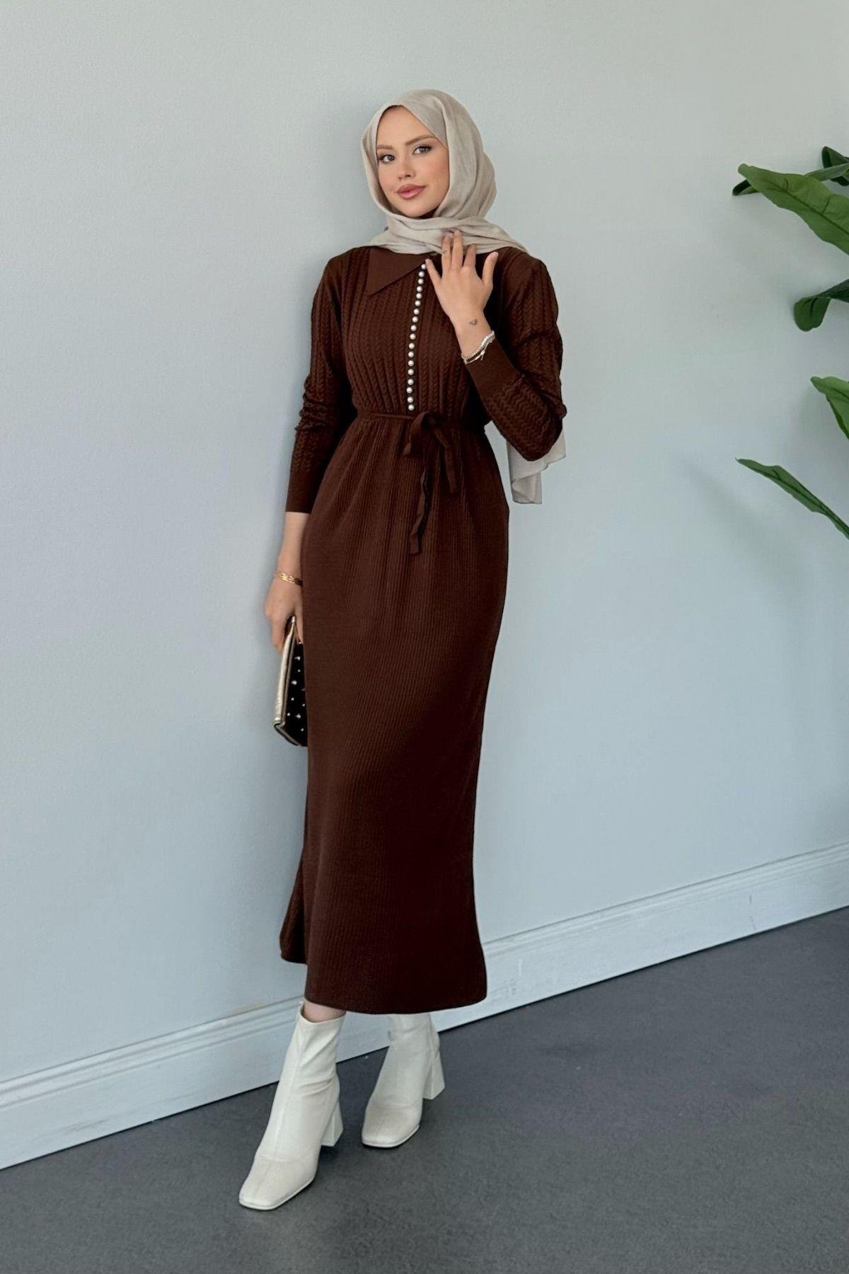 İlknur Örgü Desen Elbise Acıkahve, Fiyatları İlknur Örgü Desen Elbise Acıkahve- Haza Moda