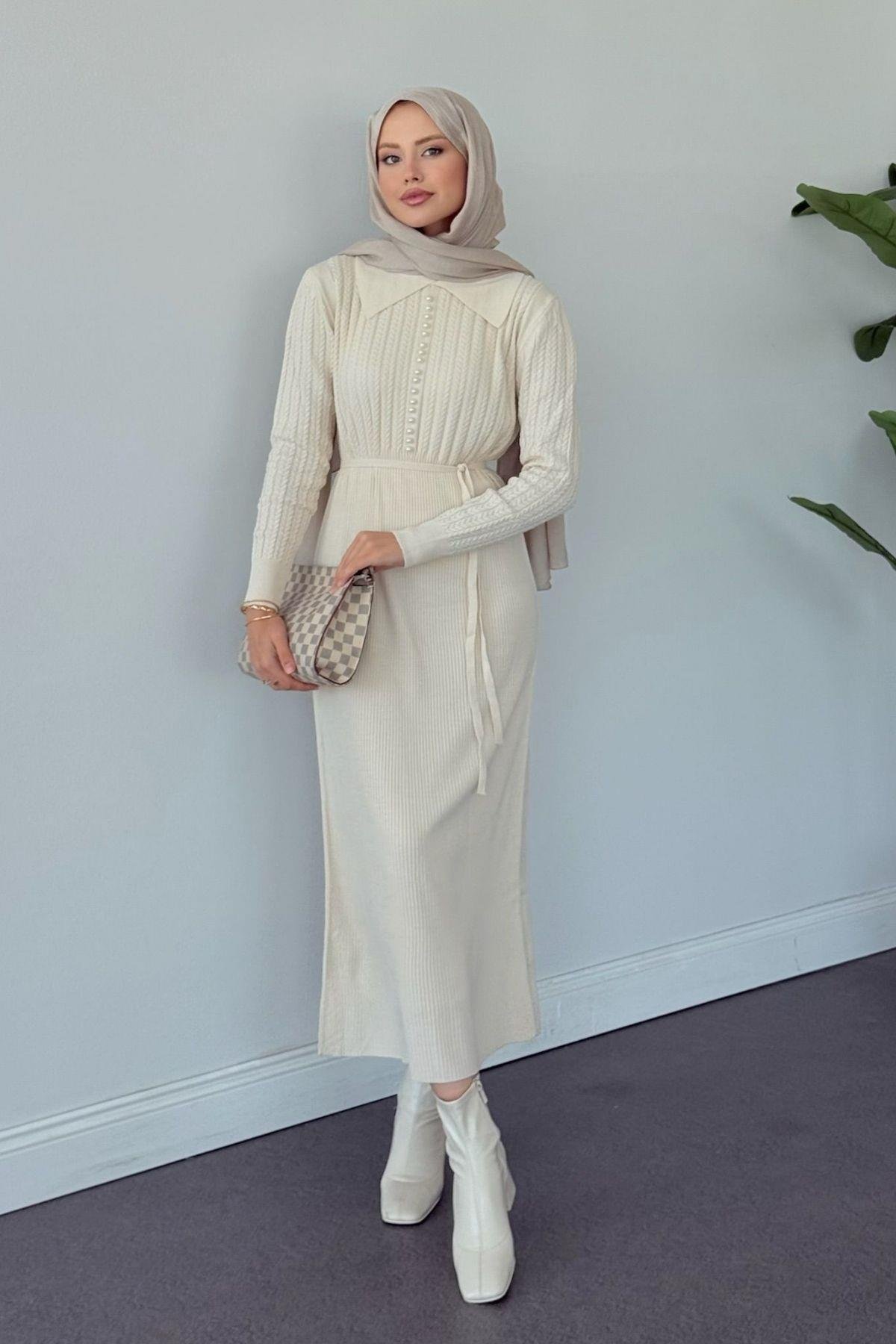 İlknur Örgü Desen Elbise Bej, Fiyatları İlknur Örgü Desen Elbise Bej- Haza Moda