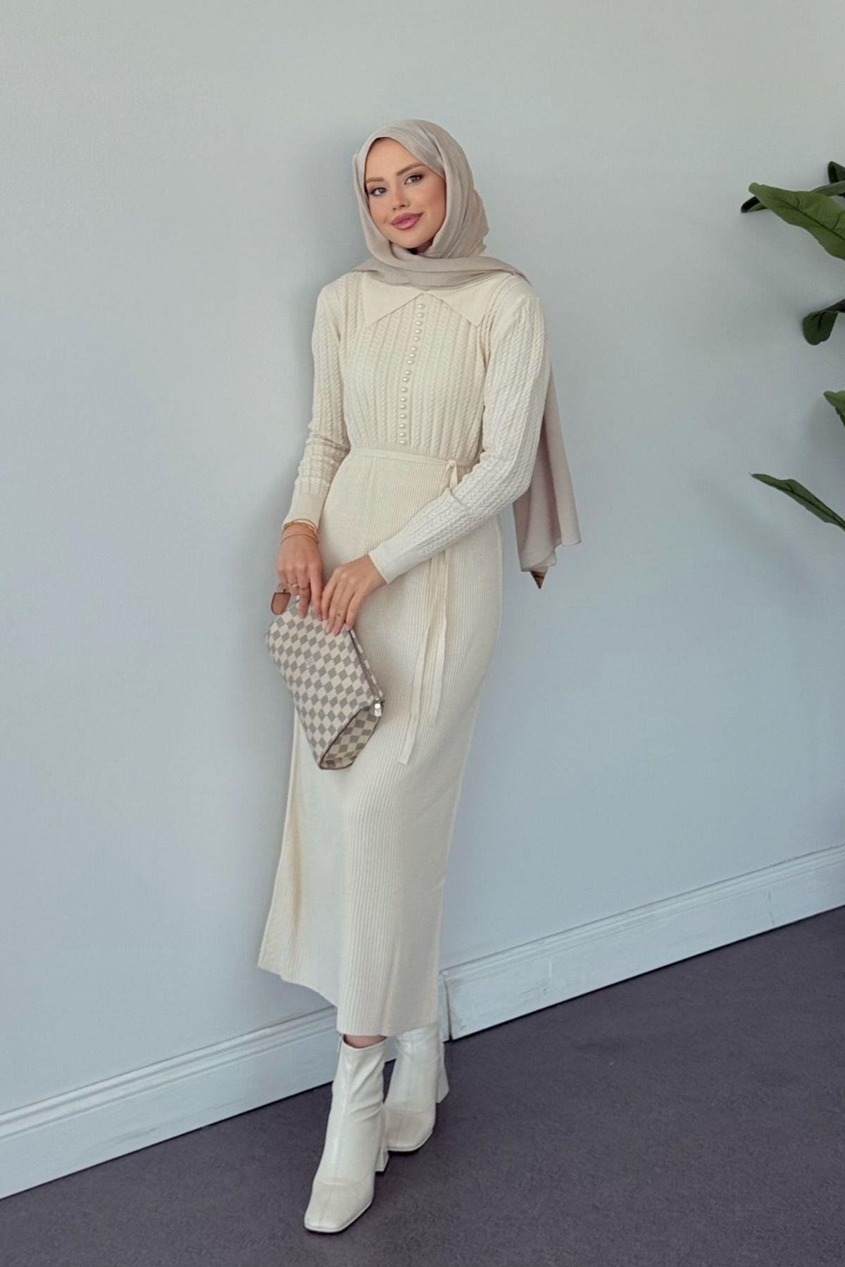 İlknur Örgü Desen Elbise Bej, Fiyatları İlknur Örgü Desen Elbise Bej- Haza Moda