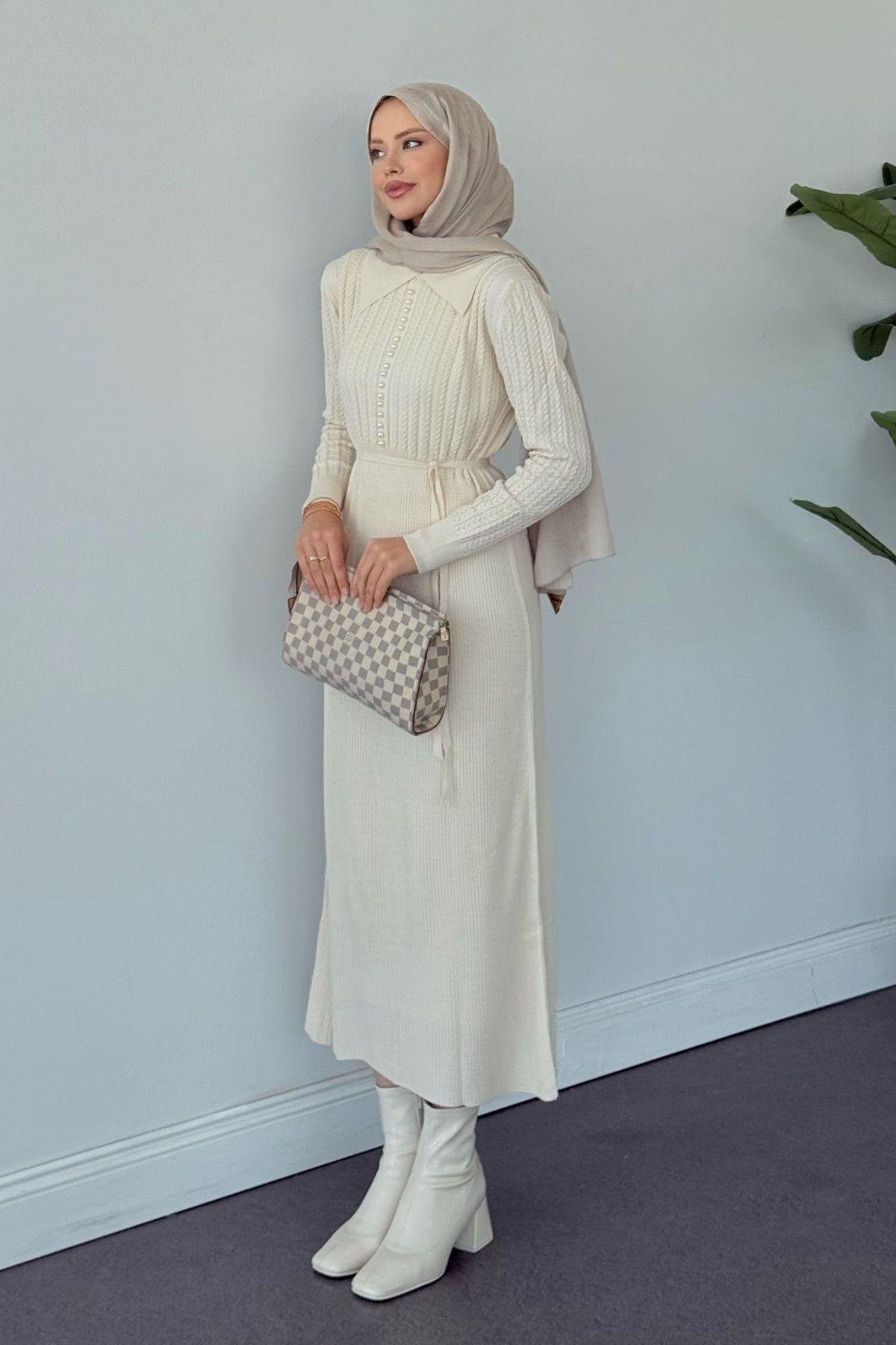 İlknur Örgü Desen Elbise Bej, Fiyatları İlknur Örgü Desen Elbise Bej- Haza Moda