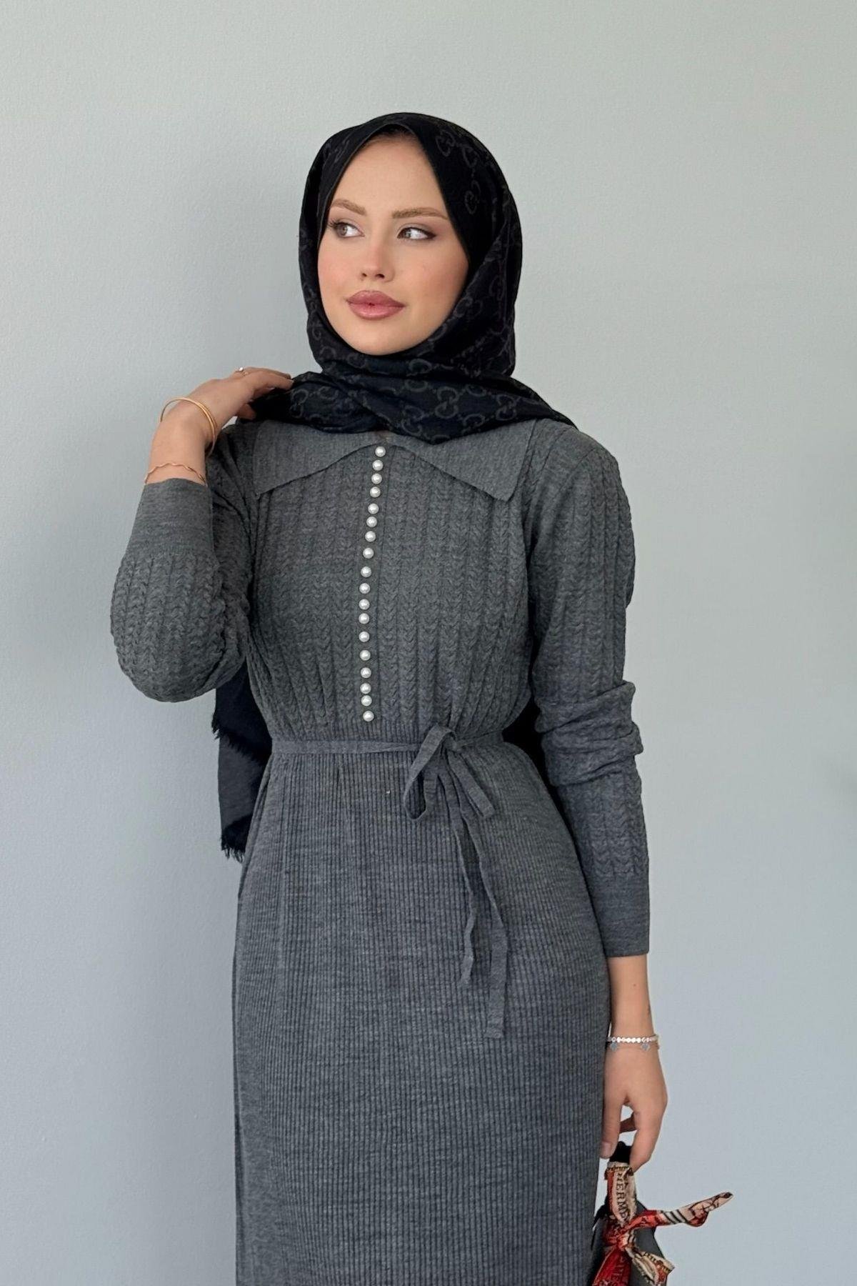 İlknur Örgü Desen Elbise Füme, Fiyatları İlknur Örgü Desen Elbise Füme- Haza Moda