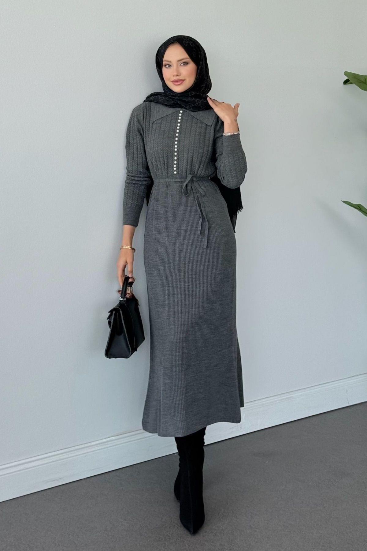 İlknur Örgü Desen Elbise Füme, Fiyatları İlknur Örgü Desen Elbise Füme- Haza Moda