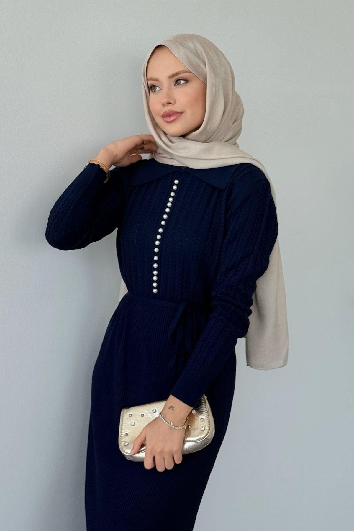 İlknur Örgü Desen Elbise Lacivert, Fiyatları İlknur Örgü Desen Elbise Lacivert- Haza Moda