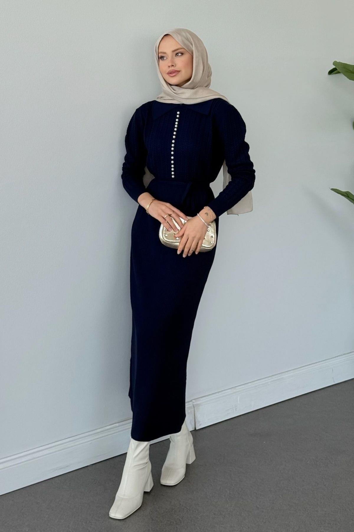 İlknur Örgü Desen Elbise Lacivert, Fiyatları İlknur Örgü Desen Elbise Lacivert- Haza Moda